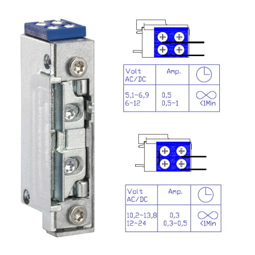 Elektrozaczep GEZE A4010-KA z osłoną zapadki wyślizgiem i wyłącznikiem wektorowy 6/12/24 V AC/DC