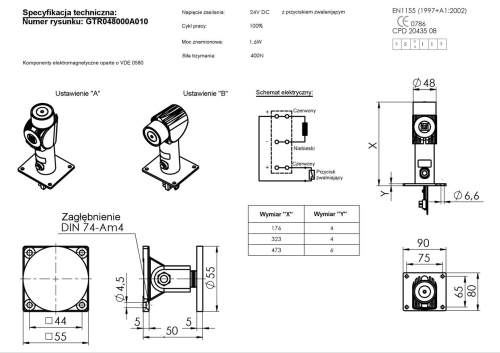 Kendrion GTR048000A10-011 Zwalniak elektromagnetyczny łamany 150/175mm, 400N, 24V DC