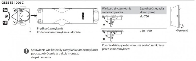 Samozamykacz GEZE TS 1000 z ramieniem z blokadą biały
