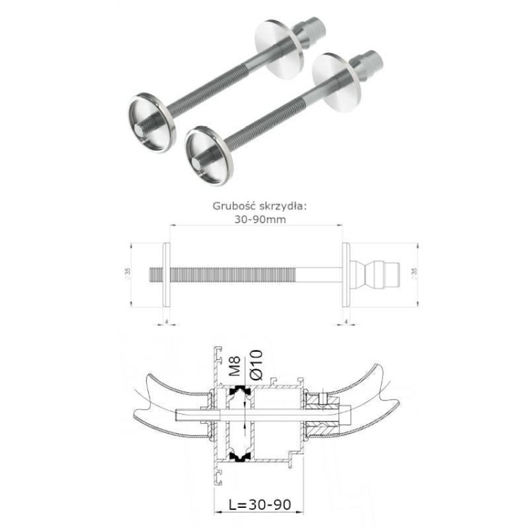 WALA Uchwyt M2-300 aluminiowy stal nierdzewna 304 (INOX) (gr. prof. 30-95 mm)