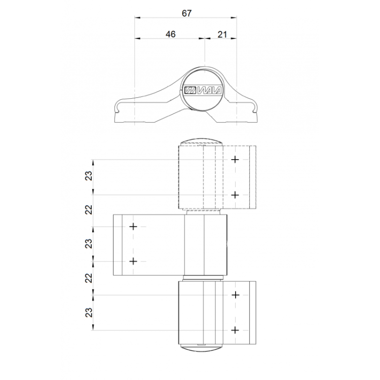 WALA Zawias WX, 3-skrzydełkowy 67mm, niesymetryczny (biały mat)