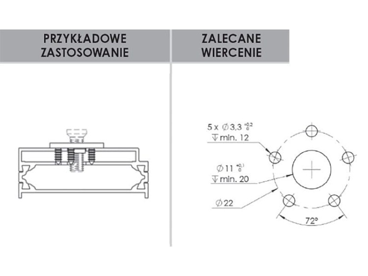 WALA: Mocowanie pochwytu P jednostronne za pomocą blaszki do profili ALU, stal nierdzewna