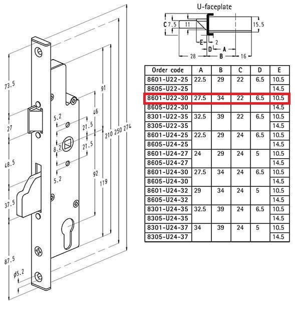 Zamek Sobinco 8601-U22-30 zapadkowo-zasuwkowy