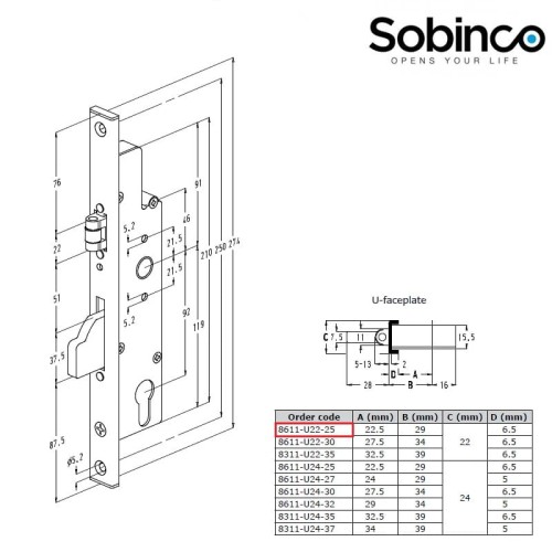 Zamek Sobinco 8611-U22-25 rolkowo-zasuwkowy