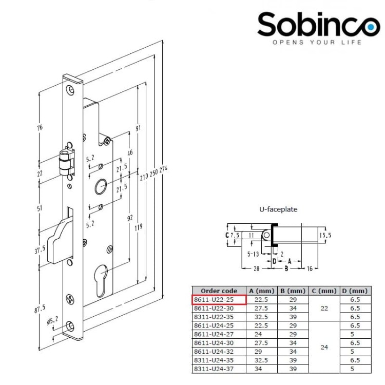 Zamek Sobinco 8611-U22-25 rolkowo-zasuwkowy
